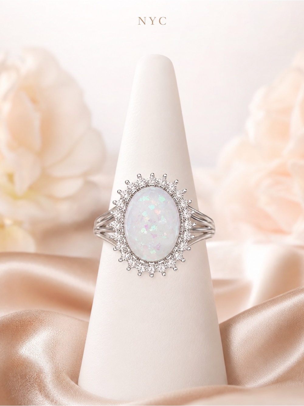 NYC Opal Halo Solitaire Ring in White Opal size 6